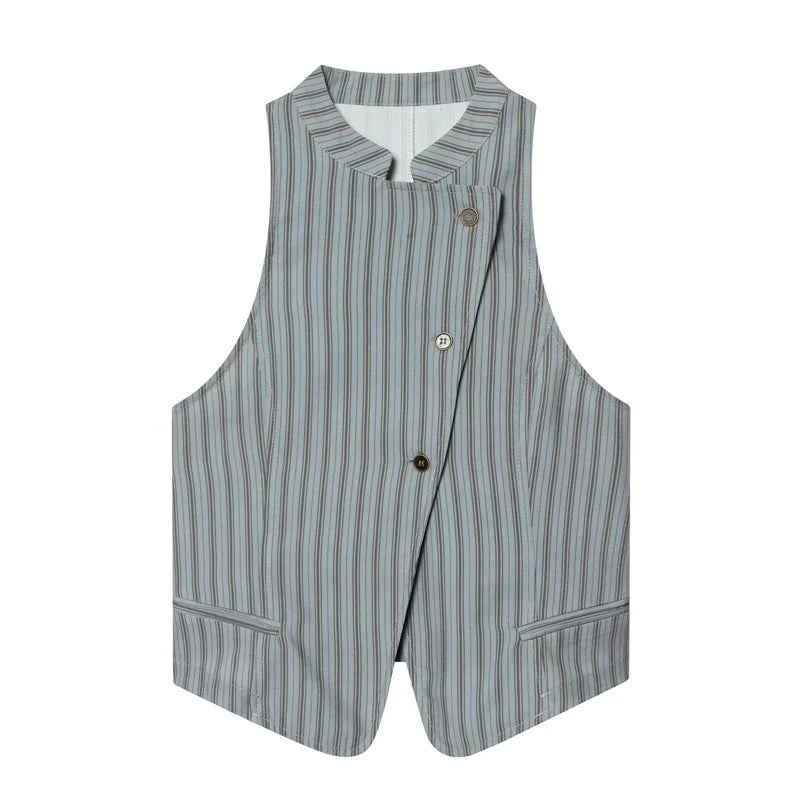 Women's Top 2026 New Spring Autumn Double-Breasted Striped Vest Fashion Casual Chic Personality Female Top