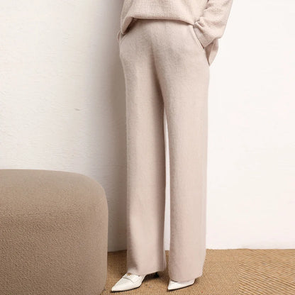 Women's 100% Cashmere Wide Leg Pants Knitted Thick Autumn/Winter Casual Solid Color Elastic Waistband Pockets