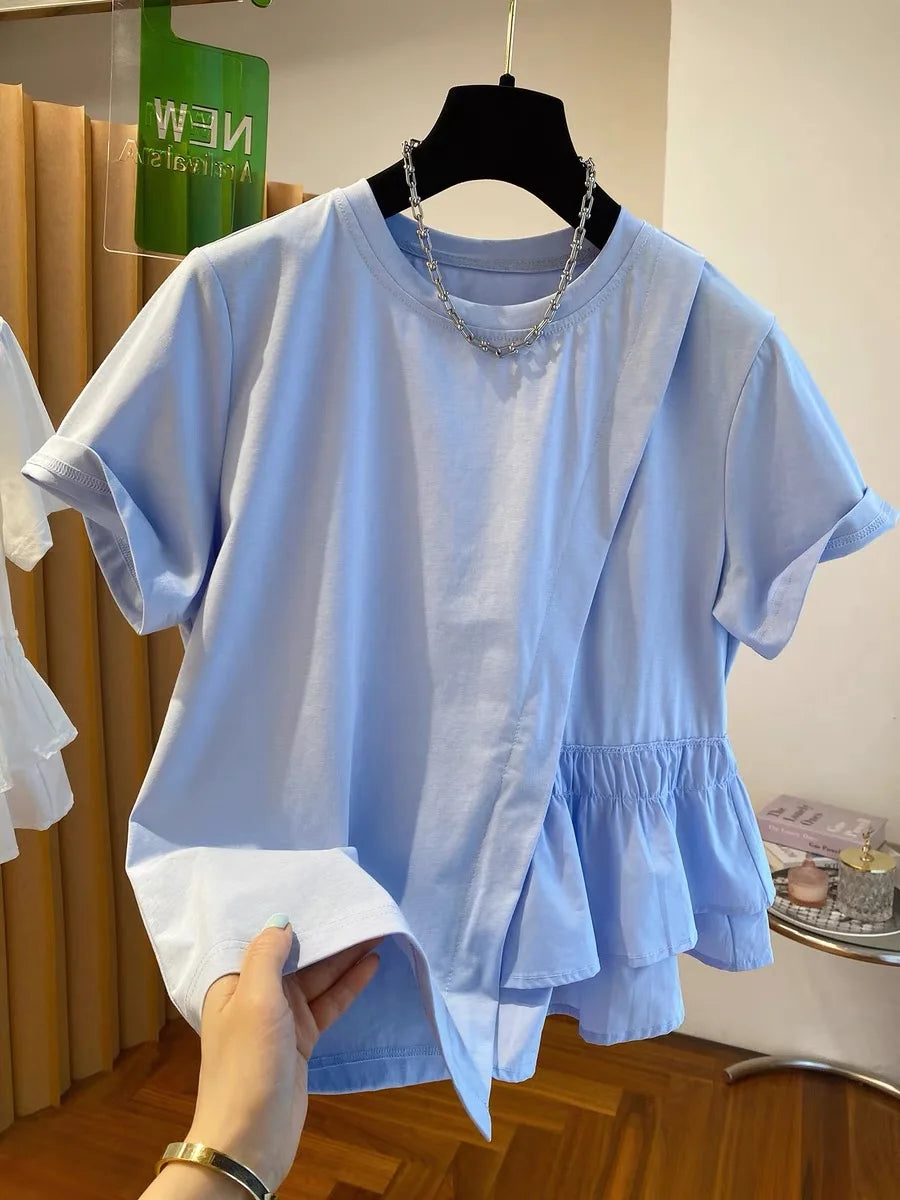 Loose Fit Pure Cotton Short Sleeve T-Shirt Women Summer Fashionable Casual Top Large Size 200 Pounds Asymmetrical Layering