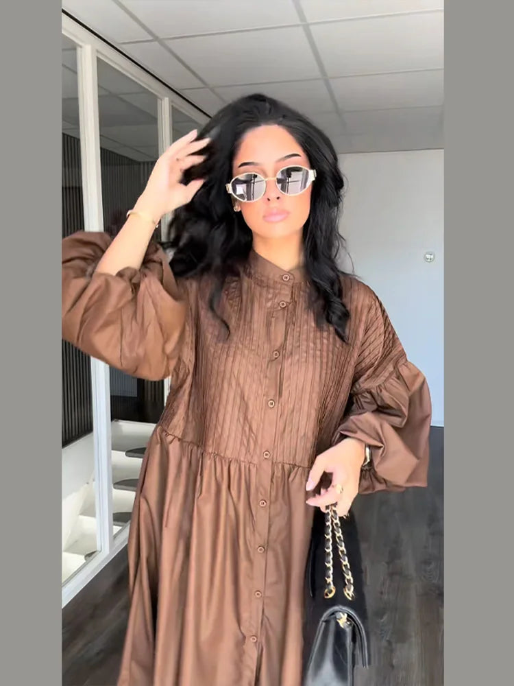 Casual Long Dress Women Solid Loose O Neck Single Breasted Full Lantern Sleeve High Waist Robe 2026 Spring Fashion Dresses Lady