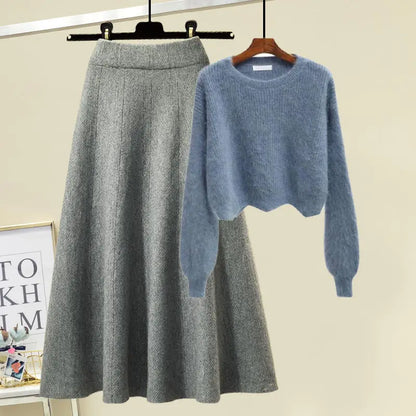 plus Size Women's Autumn Winter Knitted Sweater White Half-length Skirt Two-piece Set Slimming Concealing Anti-aging