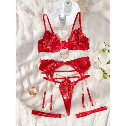 Tornova Lingerie Sexy Porn Underwear for Women Body Transparent Bra Metal Chain Lace Exotic 4-Piece Hollow Out Slim Set Bra New