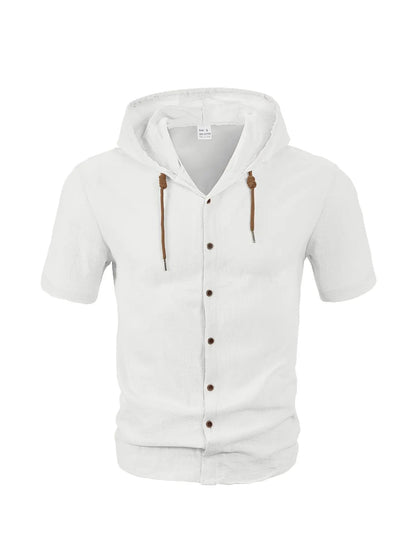 Men's Hooded Button Down Shirt Short Sleeve Linen Look Casual Top Drawstring Summer Beach Vacation Shirt 2026