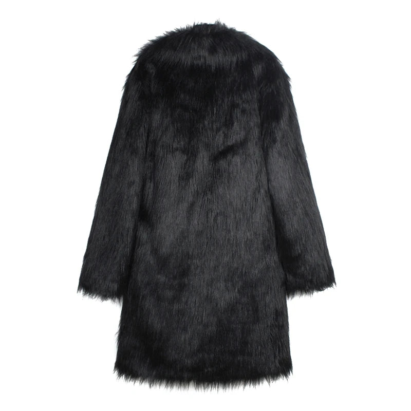 Men s Faux Fur Hooded Parka Winter Warm Long Sleeve Solid Color Print Long Jacket Open Front Overcoat with Pockets