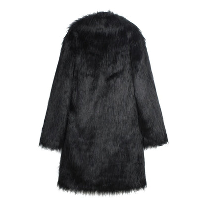 Men s Faux Fur Hooded Parka Winter Warm Long Sleeve Solid Color Print Long Jacket Open Front Overcoat with Pockets