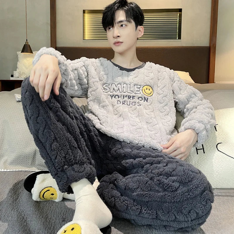 Autumn and Winter New Men's Coral Fleece Thermal Underwear Pajamas Homewear Suit Teenagers Thickened Facecloth Pajamas Homewear