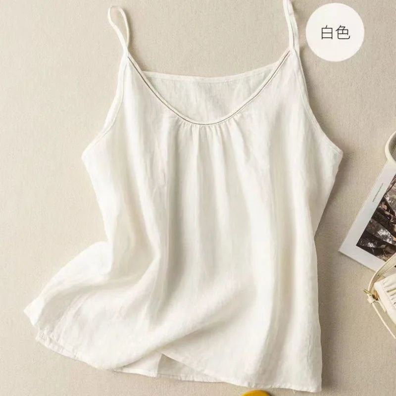 Women's Retro Cotton Linen Tank Top Summer Thin Solid Color Loose Sleeveless Top Female Fashion Casual Basic Vest