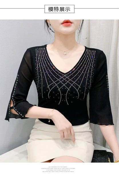 2026 Spring Summer Mesh Tops Korean Fashion Diamond T Shirt Slim 3/4 Sleeve Hollow Out Casual Women Shirt