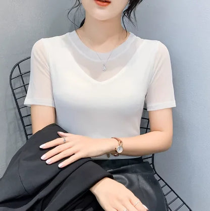 Autumn Winter Round Neck T shirt Women Sexy Mesh Bottoming Shirt Long Sleeve Solid Color Slim Fit Long Sleeve Casual Tops
