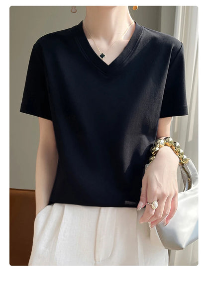 2026 Summer New Pure Cotton V-neck Short-sleeved T-shirt Women's Solid Color Joker Pullover Shirt with Loose Sleeve Bottom Shirt
