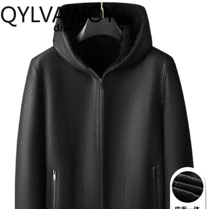 QYLVAWOY 2025 Winter 100% Sheepskin Shearling Men's High-End Real Leather Hooded Fur Coat Outerwear lederjacke herren LJ3637
