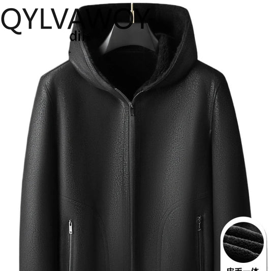 QYLVAWOY 2025 Winter 100% Sheepskin Shearling Men's High-End Real Leather Hooded Fur Coat Outerwear lederjacke herren LJ3637