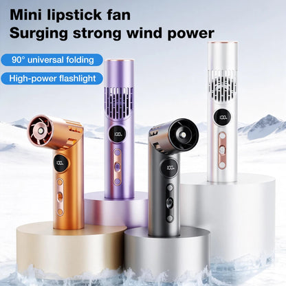 Handheld/Neck Hanging/Table Standing Lipstick Fan with 100 Levels of Wind Power, Twisted Flashlight, Lighting Small Fan