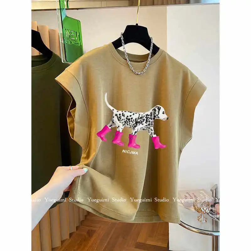 Fashionable Pure Cotton Sleeveless Dog Print Tank Top Women's Summer Design Korean Style Loose Fit Quick Dry round Neck T-Shirt