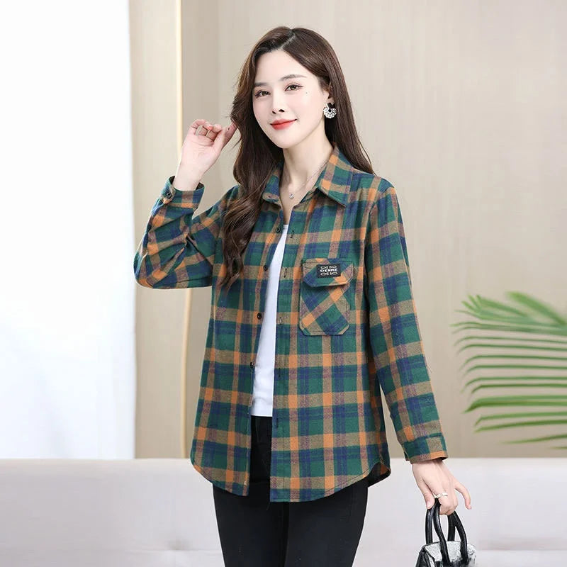 Loose Long Sleeve Mom Shirt Women's New Style Slimming Age-Defying Outerwear Versatile Early Autumn Plaid Outfit  Collar