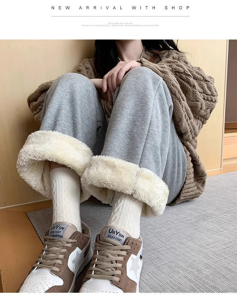 Thickened Fleece Women's Sports Pants Autumn Winter New Style Casual Loose Wide Leg Sweatpants High Waist Polyester Fiber