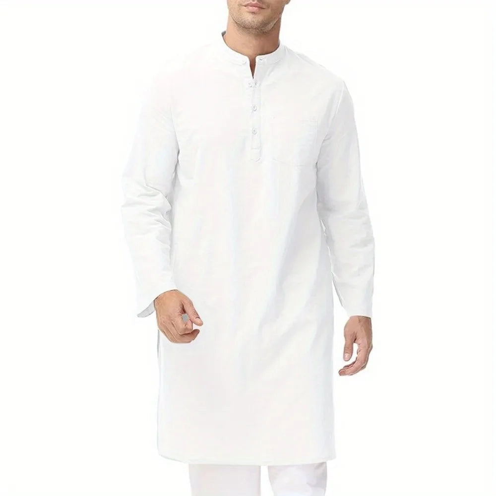Mens Cotton Ethnic Long Sleeve Robe Side Slit Button Up Henley Shirt Traditional Outfit