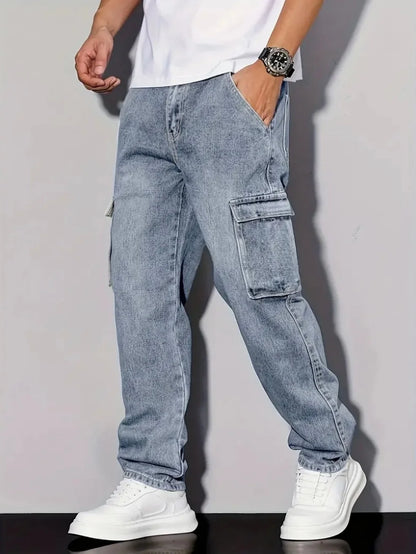 Men's American Retro Casual Cargo Jeans, Loose Fit, Solid Color, Fashion Essential