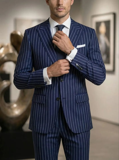 Navy Blue Pinstripe Men's Suits Fashion Peaked Lapel Two Buttons Groom Wedding Business Prom Party Male Suit (Jacket+Pants)