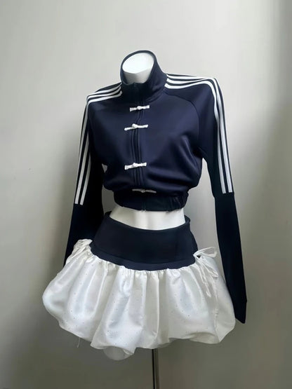 New Chinese Style Short Sweatshirt Jacket Women's Spring 2026 Floral Skirt Set Casual Sporty High Waist Universal Fit
