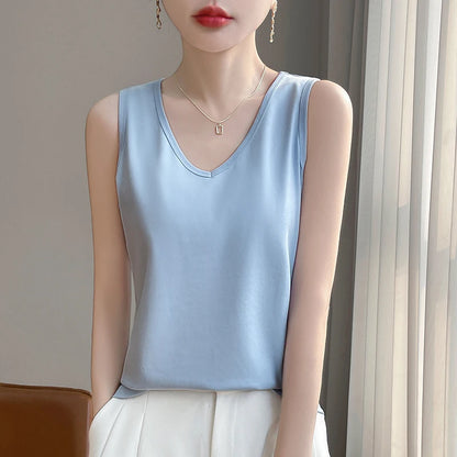 Summer New Cotton V-neck Camisole Women's Wide Shoulder Strap Bottoming Shirt Sleeveless Mercerized Cotton T-shirt