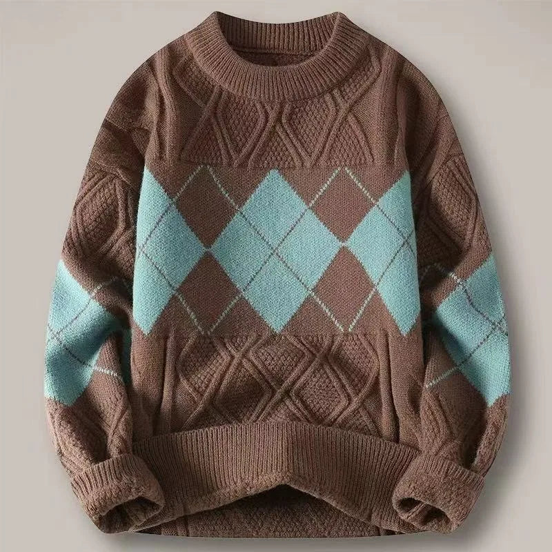 Men's sweater for autumn and winter, warm knit sweater, trendy oversized diamond grid base sweater