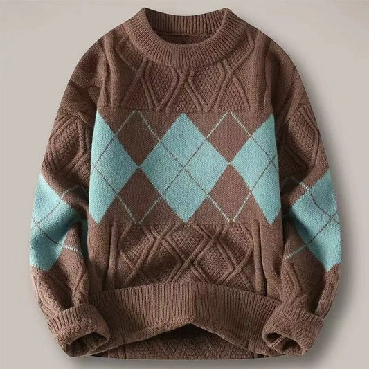 Men's sweater for autumn and winter, warm knit sweater, trendy oversized diamond grid base sweater
