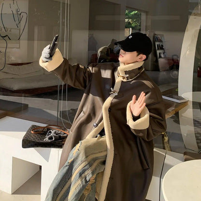 Luxury Brand Trend Winter Warmth Men Leather Trench Coat Fur Lined Long Overcoat Thick Single-Breasted Faux Fur PU Leather Coat