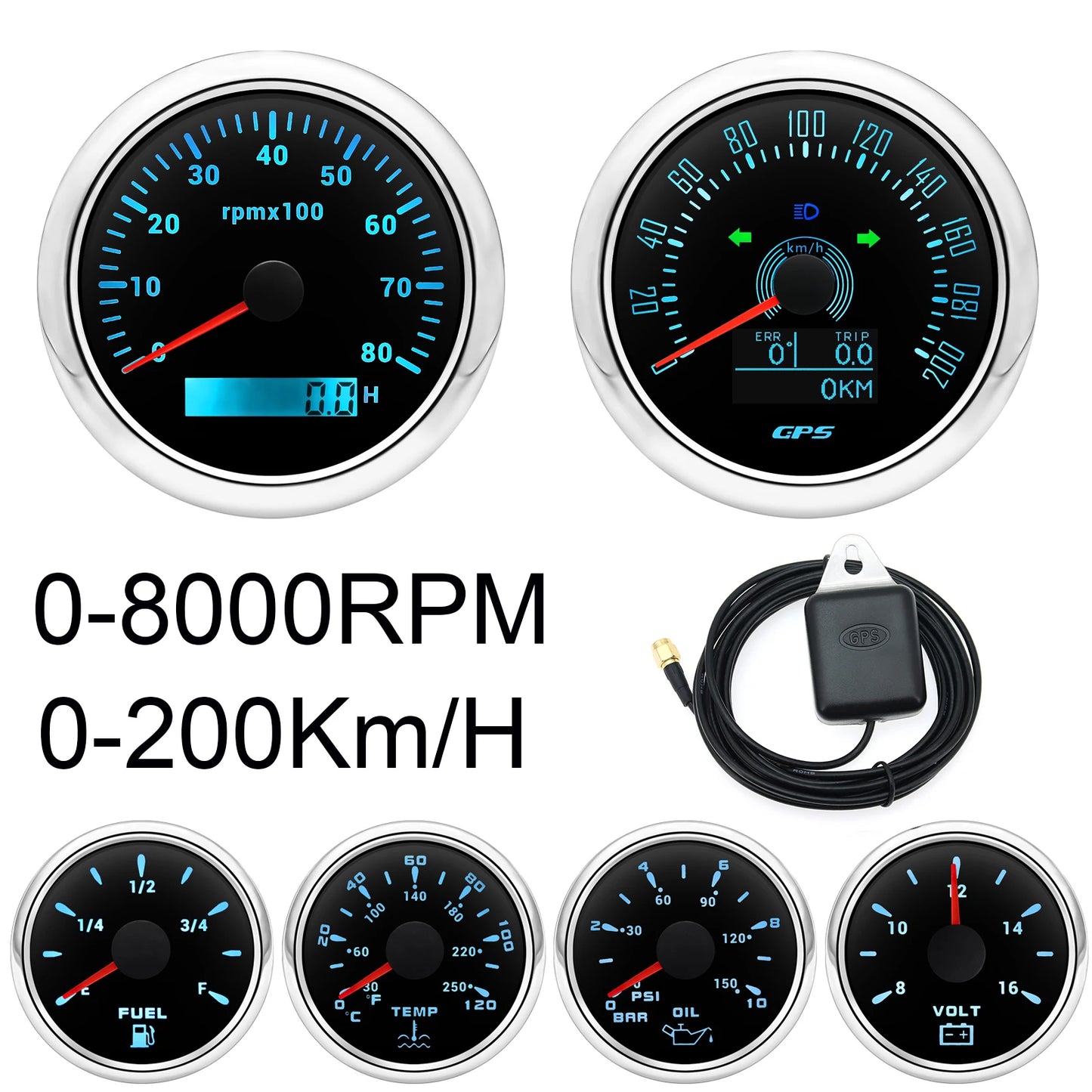 6 Gauge Kit 85mm GPS Speedometer 200KM/H Tachometer 8000RPM Fuel Level Water Temp 0-120℃ Oil Pressure Gauge 12V Voltage Meter
