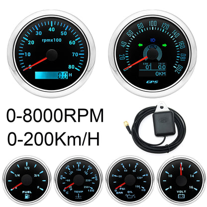 6 Gauge Kit 85mm GPS Speedometer 200KM/H Tachometer 8000RPM Fuel Level Water Temp 0-120℃ Oil Pressure Gauge 12V Voltage Meter
