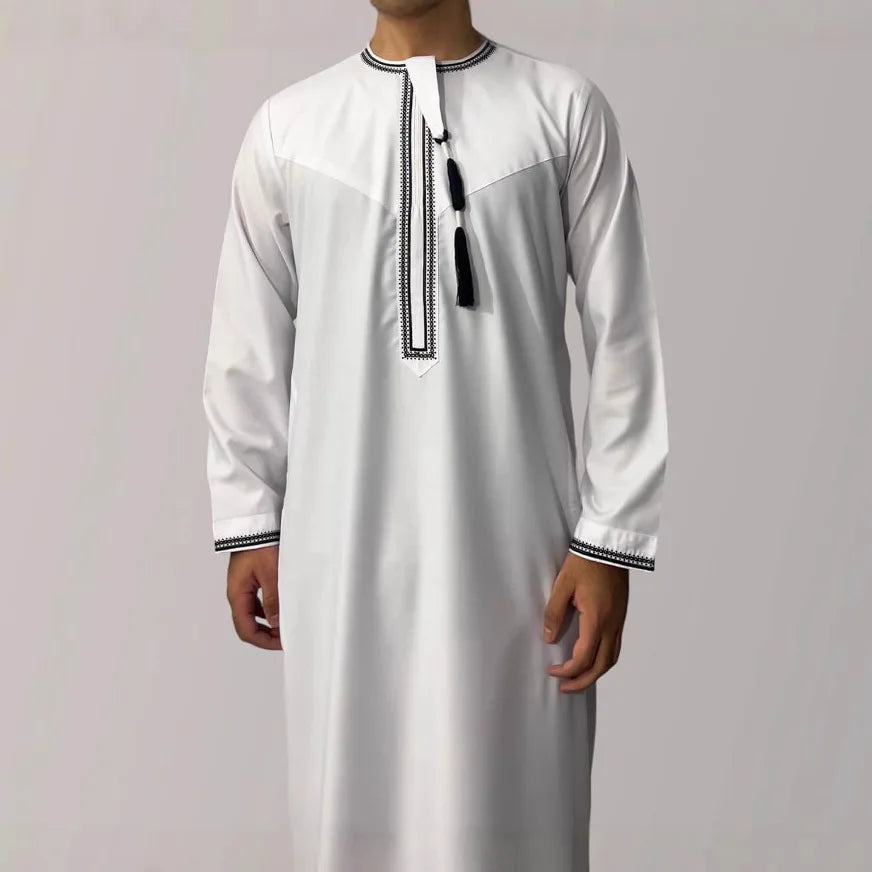 2026 New Round Neck Embroidered Omani Robe Arabic Saudi Men Long Sleeve Thobe  Islamic Clothing Ropa Islamica Hombre