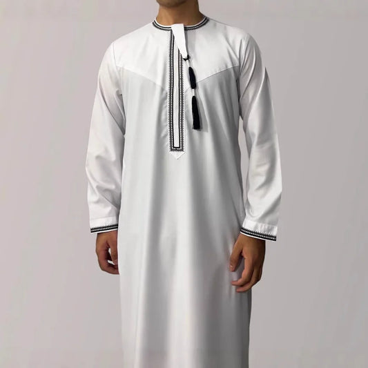 2026 New Round Neck Embroidered Omani Robe Arabic Saudi Men Long Sleeve Thobe  Islamic Clothing Ropa Islamica Hombre