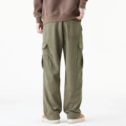 Winter Woolen Cargo Pants Thickened Men Casual Pants Solid Trousers Straight Leg Outdoors Streetwear Comfortable Fabric Unisex