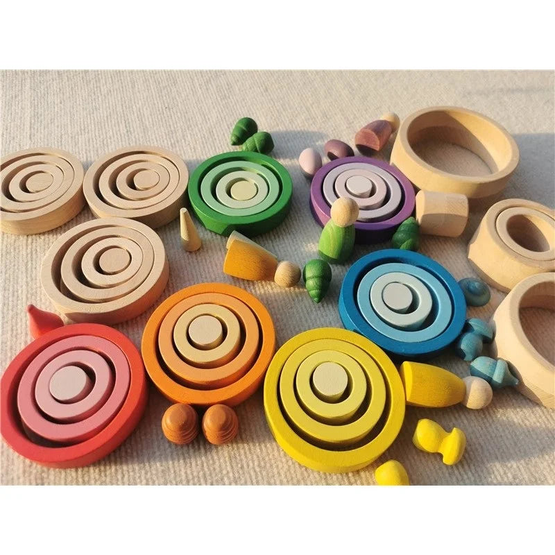 Kids Rainbow Wooden Nest Rings Unpaint Beech Stacking Blocks Creative Loose Parts Montessori Toys