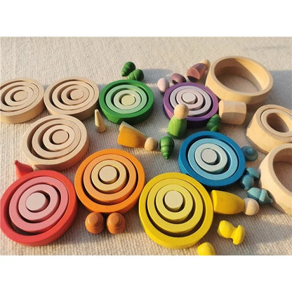 Kids Rainbow Wooden Nest Rings Unpaint Beech Stacking Blocks Creative Loose Parts Montessori Toys