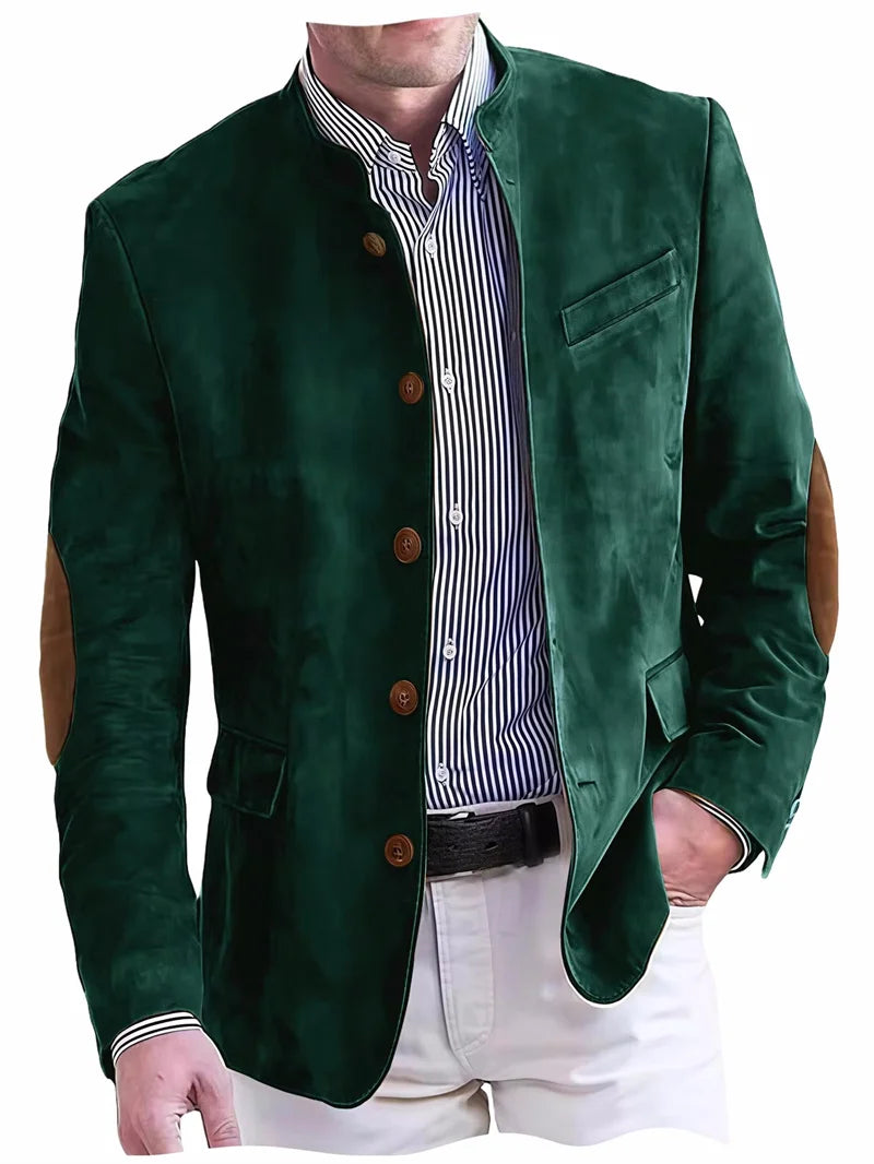 Men's Casual Blazer Flannel Suit Jacket With Elbow Patches Band Collar Brown Button Daily  Casual Slim Fit Customized Business