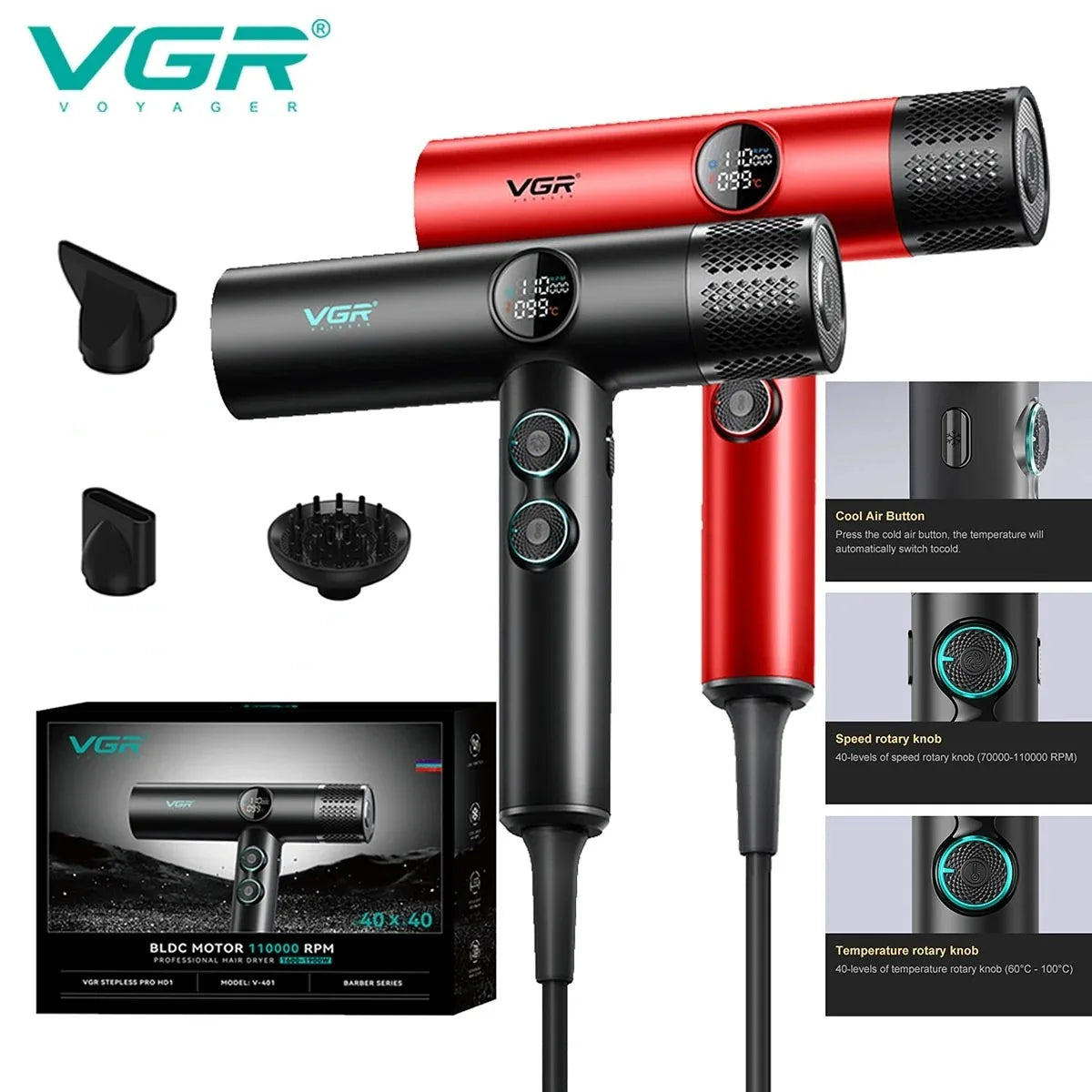 VGR Leafless Hair Dryer Professinal Quick Dry 110000RPM Powerful Hair Dryer Brushless Direct Current Hair Dryer for Salon V-401