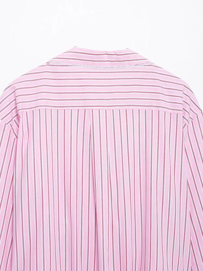 HH Women Striped Pants Suit Lapel Pocket Single-breasted Blouse+Side Zipper Lace Short Top+High Waist With Belt Poplin Pant