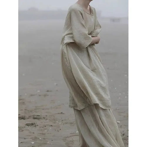 New Women's Chinese Zen Cotton Linen Shirt Drifting Silk  Wide Leg Pants Three Piece Set Summer Season Fashion Trend