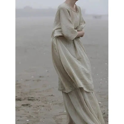 New Women's Chinese Zen Cotton Linen Shirt Drifting Silk  Wide Leg Pants Three Piece Set Summer Season Fashion Trend