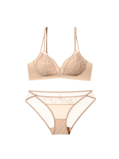 Hot Sale French Style Lace Bra Set Wireless Thin Summer Sexy Triangle Cup Soft Comfortable Women Lingerie Set