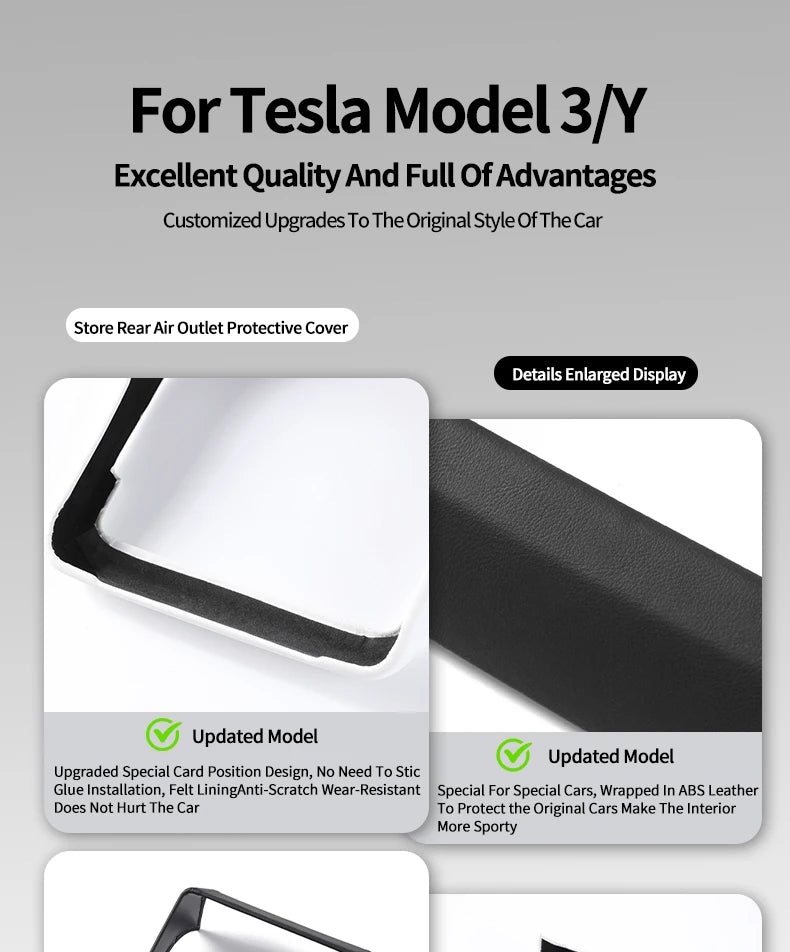 For Tesla Model 3 Highland & Model Y Juniper Rear Air Vent Cover & Leather Center Console Armrest Box Protection Car Accessories