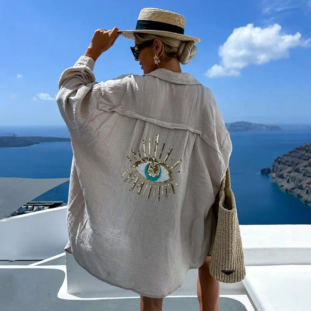 Spring Summer 2024 Women's Casual Evil Eye Shirt Long Sleeve Turn-down Collar Regular Length Other Material 100% Fashion Ladi...