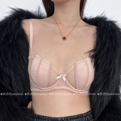 Moda Conjunto Lencería Encaje Francés Bordado Copas Oreja De Conejo Alambre Suave Push Up Respirable Adelgazante Cómodo