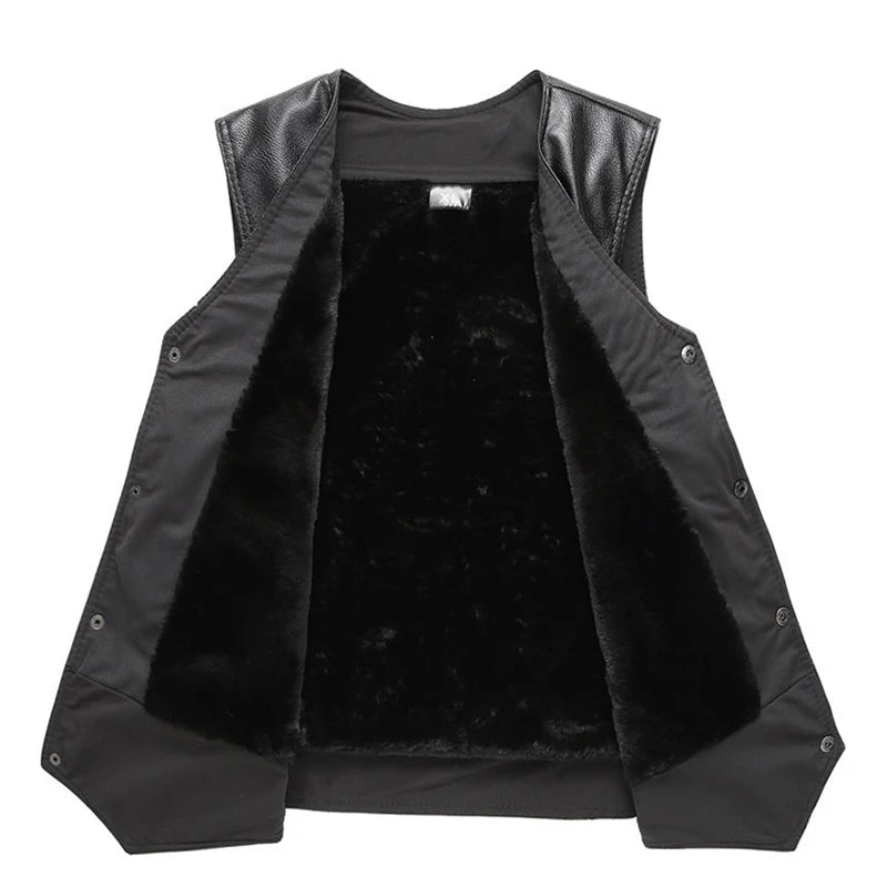2025 Winter Men Thick Warm Fleece Leather Vest Coat  Male V-Neck Single Breasted Vest Casual Male Clothing Outerwear