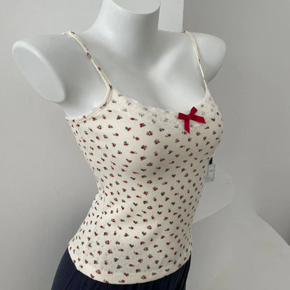 Bow Floral Eyelet Lace Trim Tank Tops Women Summer Cotton Sleeveless Slim Camisole Girls Sweet Cute Preppy Style Crop Top Y2K