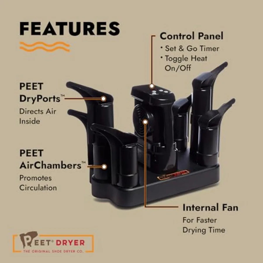 Heated family dryer for 3 pairs of boots and shoes, PEET, black, rapid drying with even heat distribution