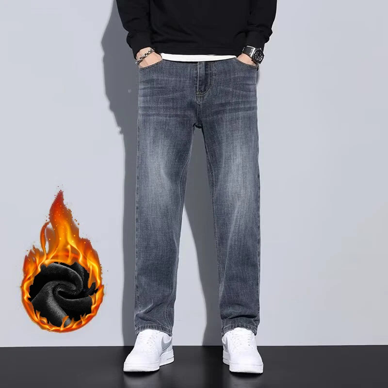 New Men Snow Warm Plush Fleece Jeans Male Daily Youthful Vitality Fashion Loose Straight Denim Pants Thermal Dark Gray Trousers