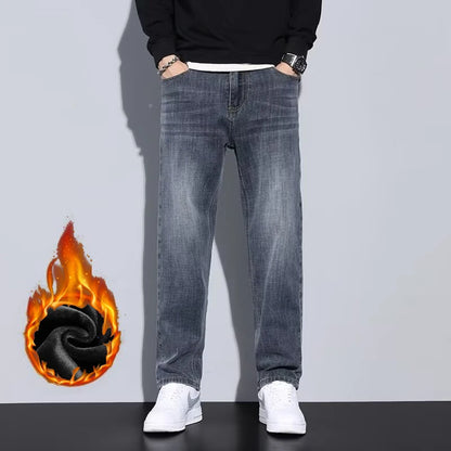 New Men Snow Warm Plush Fleece Jeans Male Daily Youthful Vitality Fashion Loose Straight Denim Pants Thermal Dark Gray Trousers