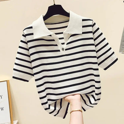 Loose Fit Ice Silk Knitted Short Sleeve T-Shirt Women's Summer Button up Top Slimming Striped  Neck Design plus Size